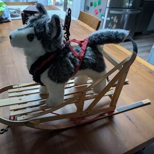 American Girl -Plush Husky Dog on Wooden Sled with Red Harness